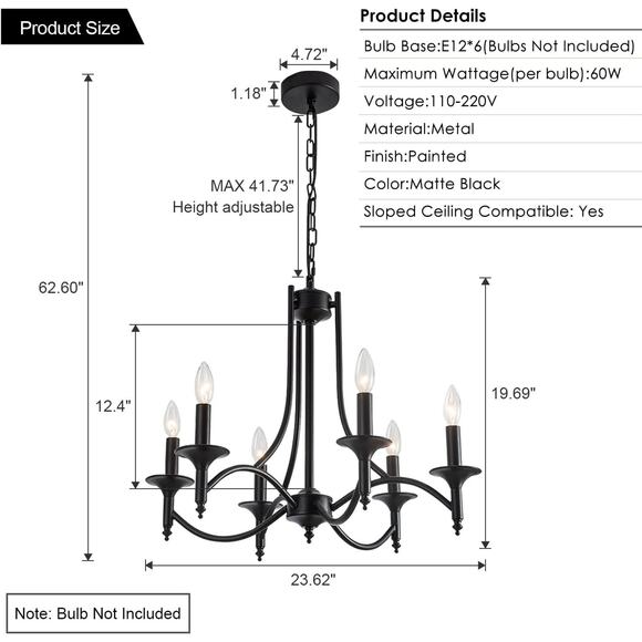 Black Farmhouse Chandelier Iron Chandeliers for Dining Room Light Fixture 6-Ligh - Picture 2 of 8
